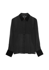 Schwarze, halbtransparente Bluse mit einem Kragen, Knopfverschluss, langen Ärmeln und samtartigen Manschetten. Einfaches Design ohne Muster oder zusätzliche Details.