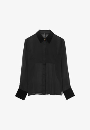 Schwarze, halbtransparente Bluse mit einem Kragen, Knopfverschluss, langen Ärmeln und samtartigen Manschetten. Einfaches Design ohne Muster oder zusätzliche Details.