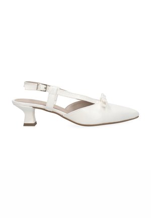 White low-heeled slingback shoe with pointed toe, ankle strap buckle, and small decorative bow on front against white background.