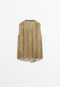 Mouwloos vest met verticale zwarte, witte en beige strepen, iets langer aan de achterkant, plat weergegeven op een witte achtergrond.