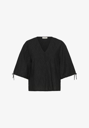 Czarna bawełniana bluzka z dekoltem w kształcie litery V, posiadająca dwa oversize'owe rękawy oraz wzór w diamenty. Zawiera regulowane sznurki na mankietach, co pozwala na luźniejsze dopasowanie.