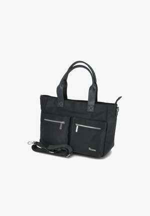 Schwarze Tragetasche aus strapazierfähigem Stoff, mit zwei äußeren Reißverschlusstaschen, stabilen Griffen und einem verstellbaren Schultergurt.