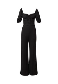 Schwarzer Jumpsuit mit quadratischem Ausschnitt, Puffärmeln und einer Bindedetail vorne. Verfügt über einen lockeren Schnitt, weite Beine und ein strukturiertes Material.