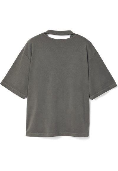 Gray oversized t-shirt with short sleeves, a crew neck, and a small back cutout. Made from soft, smooth fabric with minimal stitching details.