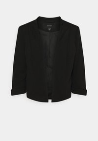 Zwarte blazer met open voorkant, driekwart mouwen omgeslagen en een gladde binnenvoering, gepresenteerd tegen een witte achtergrond.