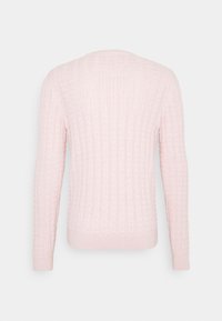 Light pink knitted sweater featuring a cable pattern, long sleeves, and a rounded neckline. Textured fabric with ribbed cuffs and hem.