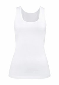 Witte tanktop met een ronde halslijn, gemaakt van een gladde stof. Het heeft brede schouderbanden en een aansluitende pasvorm. Geen zichtbare patronen of accenten.