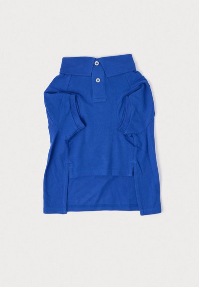 Modrá polo košeľa s krátkym rukávom, dvoma gombíkmi a postrannými rozparkami, položená rovno na svetlom pozadí.