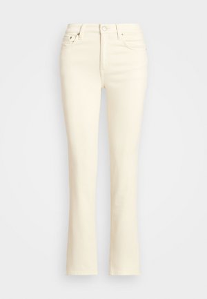 Jeans di colore crema con design a gamba dritta, dotati di cinque tasche, passanti per la cintura e chiusura con bottone. Tessuto in cotone misto liscio.