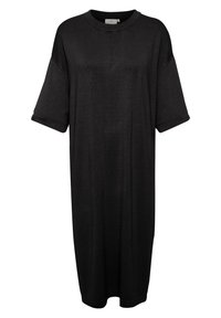 Abito T-shirt oversize nero con maniche corte, scollatura tonda e vestibilità rilassata, realizzato in un tessuto morbido e liscio.