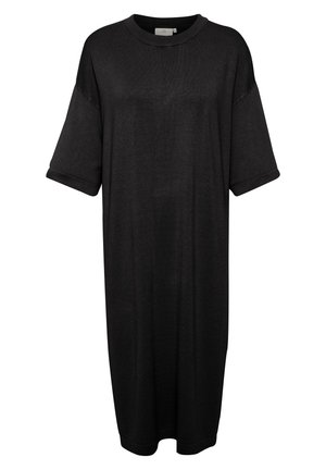 Musthave musta ülemõõduline T-särk-kleit lühikeste varrukatega, ümara kaelusega ja vabalt langetatud lõikega, valminud pehmest ja siledast kangast.