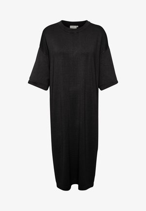 Czarna, oversize sukienka t-shirtowa z krótkimi rękawami, okrągłym dekoltem i luźnym krojem, wykonana z miękkiej, gładkiej tkaniny.