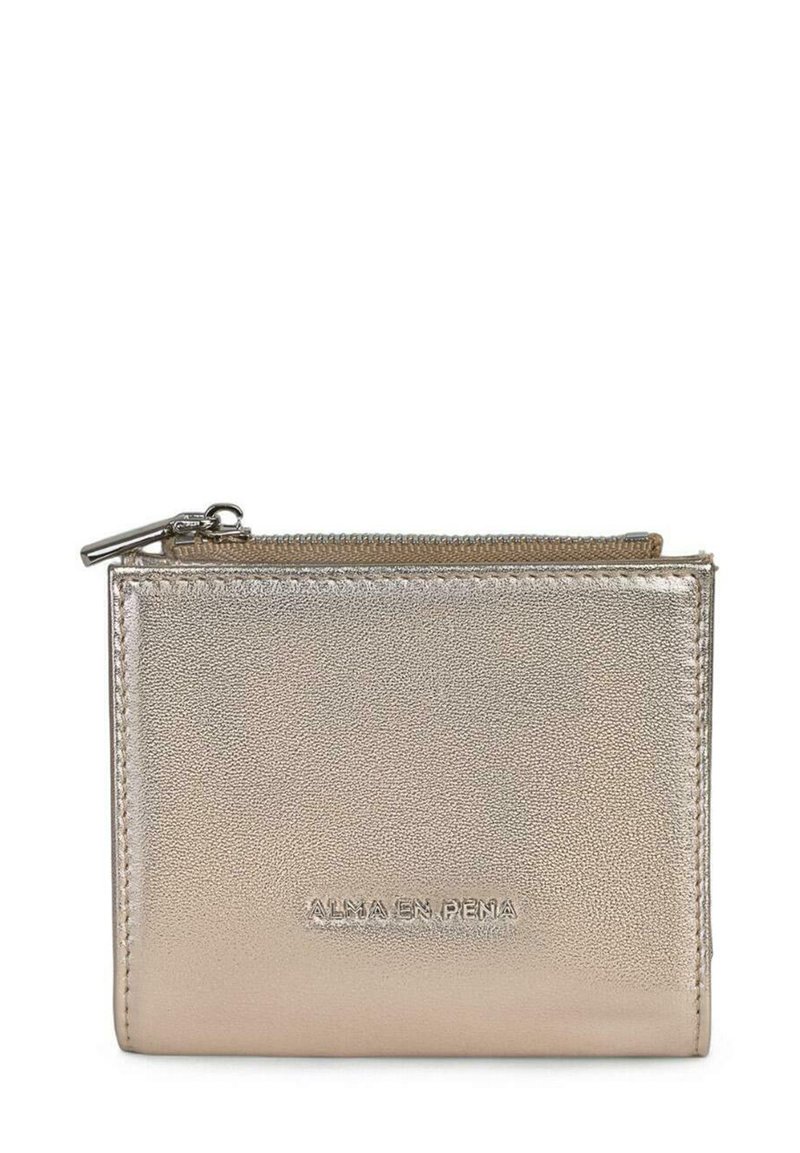 Metallic gold wallet with a textured leather finish, featuring a zip closure and embossed logo on the front, rectangular shape.