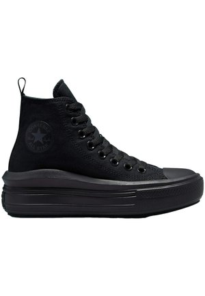 Czarny wysoki sneaker Converse z grubą podeszwą typu platforma, sznurowaniem z przodu, teksturowanym noskiem i okrągłym logo na kostce.