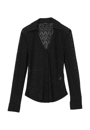Chemise en dentelle noire à manches longues, avec un col pointu, des boutons à l'avant et un motif texturé. Ourlet arrondi et poignets structurés.