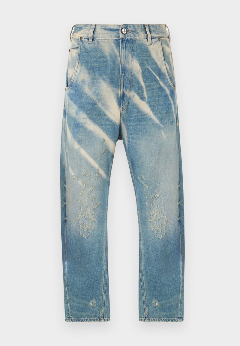 Ljusblå denimjeans med avslappnad passform, prydda med ett tie-dye-mönster, slitna detaljer vid knäna och klassisk femficksdesign.