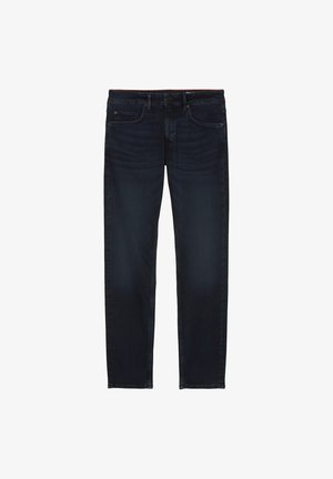 Dark blue denim jeans with a straight leg, five-pocket design, subtle whiskering, and visible stitching. Smooth, sturdy texture.