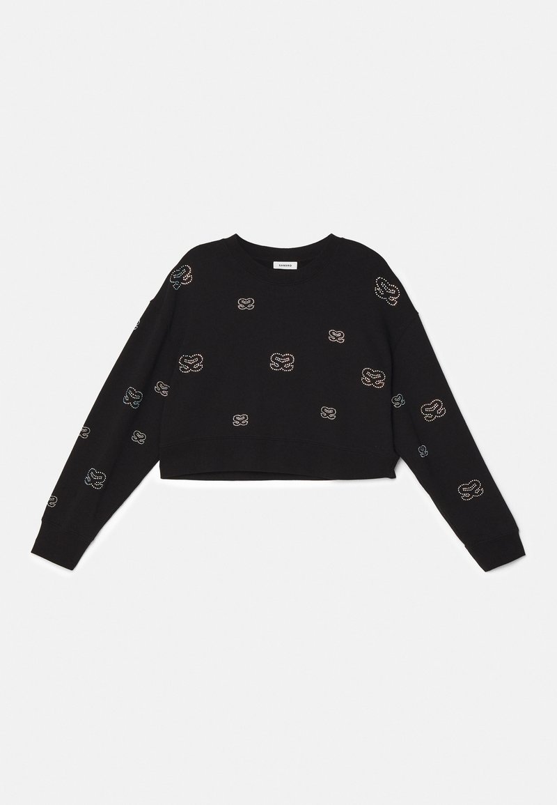 Schwarzes, gekürztes Sweatshirt mit langen Ärmeln, Rundhalsausschnitt und kleinen, bunten, gepunkteten abstrakten Mustern, die über die Vorderseite und die Ärmel verteilt sind.