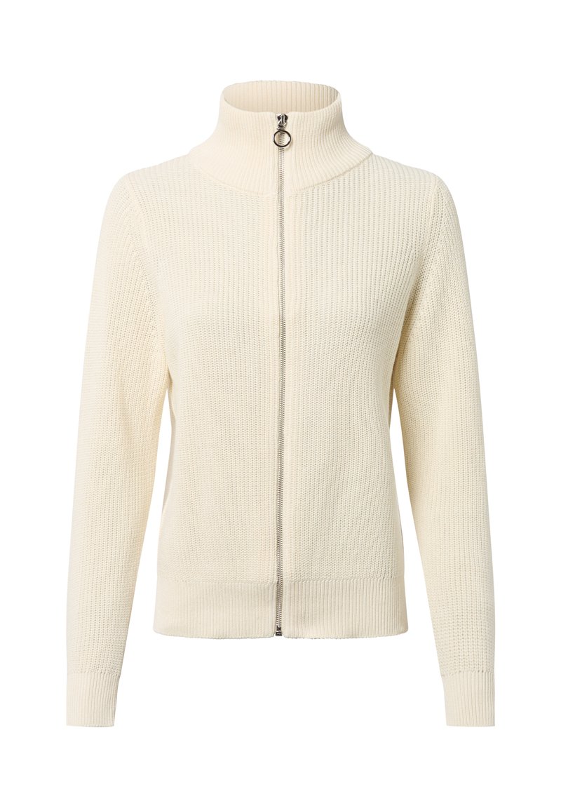 Cremfarbener Strickpullover mit hohem Kragen und durchgehendem Reißverschluss, ausgestattet mit gerippten Bündchen und Saum. Strukturiertes Design mit glatter Oberfläche.