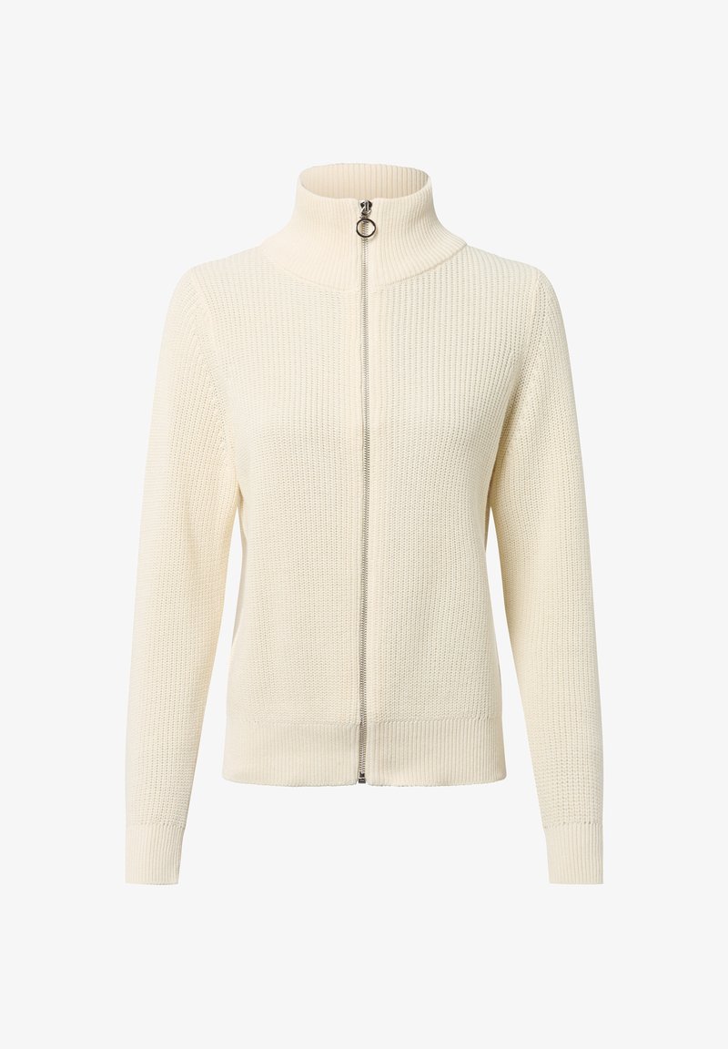 Crème gebreide trui met een hoge kraag en volledige rits, voorzien van ribbing aan de manchetten en onderrand. Gestructureerd ontwerp met een gladde afwerking.