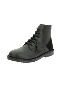 Botín negro de cuero hasta el tobillo con cordones delanteros, paneles laterales elásticos, acabado suave, suela de goma y detalles con etiqueta.