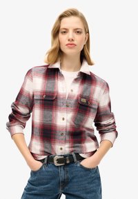 Chemise en flanelle à carreaux rouge, gris et blanc avec des boutons et deux poches poitrine. Portée sur une chemise blanche et assortie à un jean en denim bleu.