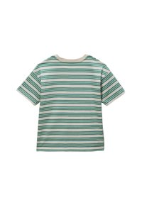 T-shirt à manches courtes rayé présentant des bandes horizontales vertes et marines sur fond crème, avec un col rond et une texture en coton doux.