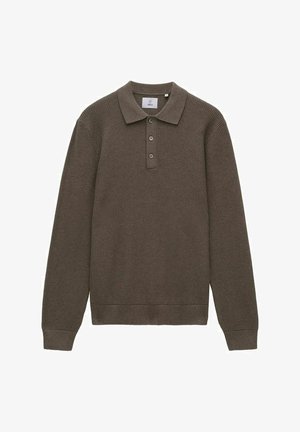 Ruskea, pitkähihainen polo-neule, jossa on teksturoitu neulekuvio. Varustettu kauluksella ja kolmella napilla.