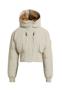 Geknipte beige pufferjas met een hoge kraag, bontvoering, rits aan de voorkant en twee ritszakken op de borst. Zachte, gestructureerde stof.