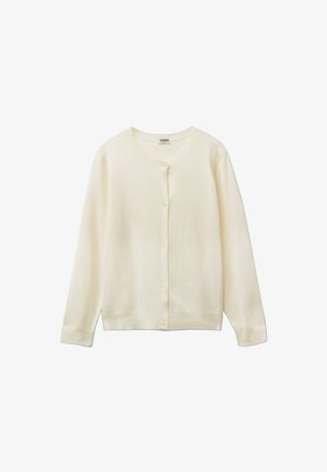 Cardigan couleur crème, tissu doux, col rond, manches longues, fermeture à boutons sur le devant, poignets et ourlet côtelés.
