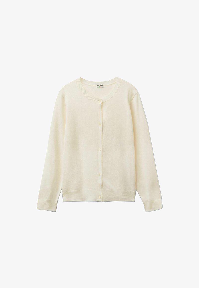 Cremefarbener Cardigan, weicher Stoff, runder Ausschnitt, lange Ärmel, Knopfleiste vorne, gerippte Bündchen und Saum.