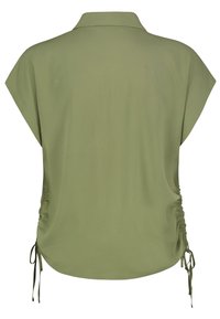Olive green blouse with short sleeves, a collar, and adjustable drawstring sides. Smooth texture, relaxed fit, and rounded hemline.