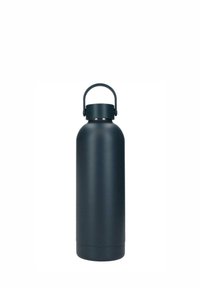 Botella de agua de acero inoxidable negro mate con tapa redondeada y asa integrada en la parte superior para llevar.
