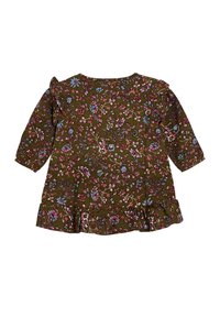 Rochie florală verde cu mâneci lungi, detalii volănoase pe umeri și tiv evazat. Prezintă modele de flori roz și albastre. Material din bumbac.