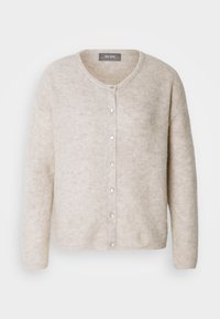 Cardigan beige clair en tissu tricoté texturé, avec un col rond, une fermeture à boutons et des manches longues avec une coupe décontractée.