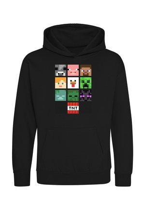 Sort hættetrøje med pixelkunst firkanter med en ko, en gris, en figur, en person med orange hår, en kylling, en grøn creeper, en zombie, en ender-drage og et TNT-blok.