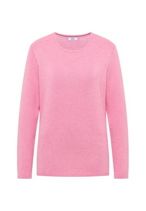 Roze langemouwen sweater met een ronde hals, gemaakt van zacht materiaal, met een soepele textuur en geribde manchetten en zoom.