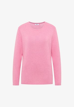 Růžový svetr s dlouhým rukávem a kulatým výstřihem, vyrobený z měkkého materiálu, s hladkým povrchem a žebrovanými manžetami a lemem.