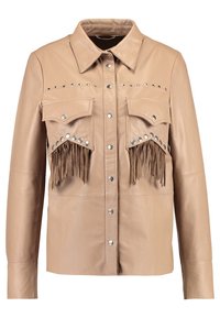 Ljusbeige läder skjortjacka med knäppning framtill, två klafffickor, silvernitar och fransdetaljer på bröstet. Slät textur.