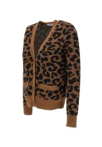 Cardigan marrone con bottoni, stampato con macchie di leopardo nere, maniche a coste, orlo a coste e due tasche frontali.