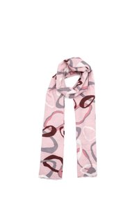 Sciarpa rosa chiaro con anelli astratti in bordeaux, grigio e bianco. Realizzata in tessuto morbido con bordi frangiati e una texture liscia.