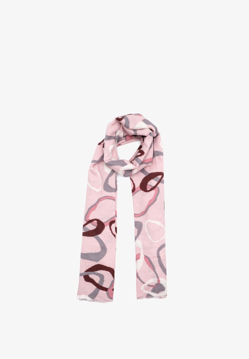 Sciarpa rosa chiaro con anelli astratti in bordeaux, grigio e bianco. Realizzata in tessuto morbido con bordi frangiati e una texture liscia.
