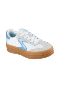 Zapatilla blanca con detalles en azul claro y gamuza gris; cuenta con una suela de goma color goma texturizada y cordones blancos.