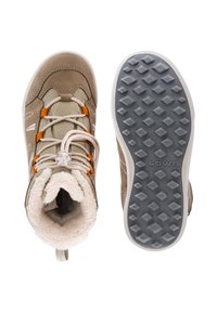 Stivaletti da trekking in pelle scamosciata marrone e tessuto con fodera pelosa, accenti beige e arancioni, con suola in gomma grigia testurizzata.