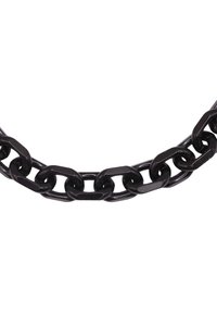 Black chain necklace featuring interlocking oval links. Smooth texture, glossy finish, and uniform design throughout the links.