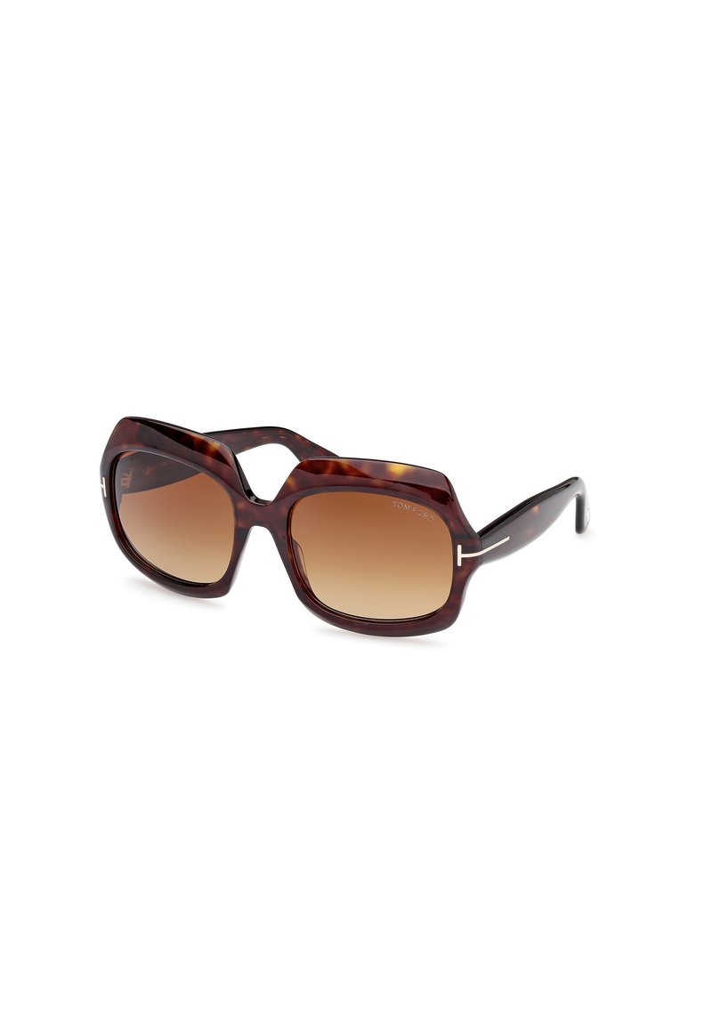 Occhiali da sole tortoiseshell marroni con una montatura esagonale spessa e lenti sfumate. Accenti argentati sulle aste aggiungono dettagli al design.