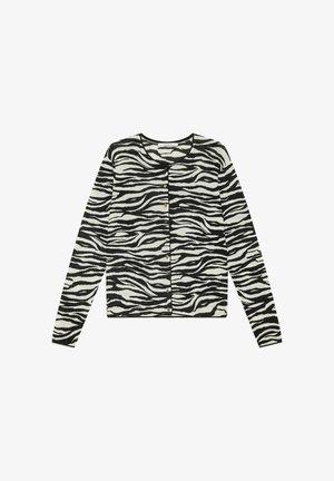 Cardigan à rayures zébrées noir et blanc, texture côtelée, manches longues, encolure ronde, et fermeture à cinq boutons sur le devant.