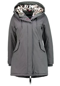 Szare parkas z podszyciem kaptura z futerka w panterkę, dwoma przednimi kieszeniami, regulowanym sznurkiem i zapięciem na guziki. Materiał wodoodporny.