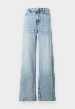 Ανοιχτά μπλε τζιν με ψηλή μέση και φαρδιά μπατζάκια, με μπροστινές τσέπες, θηλιές ζώνης, κούμπωμα με κουμπί και ξεθωριασμένες λεπτομέρειες στα πόδια και στις ραφές.