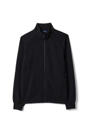 Black zip-up jacket with high collar, long sleeves, and two side pockets, displayed on a white background.
